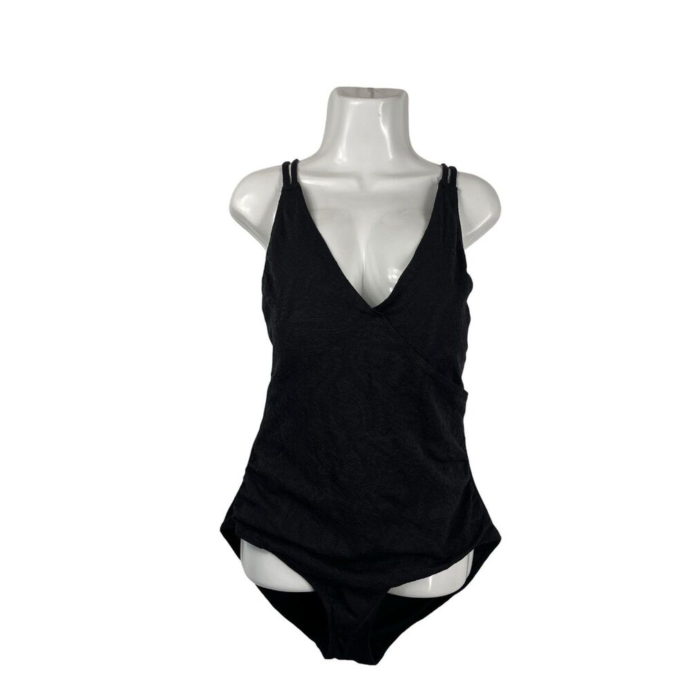 Tropical Escape Swimsuit One Piece 18 Black Criss Cross Back V-Neck Bathing Suit